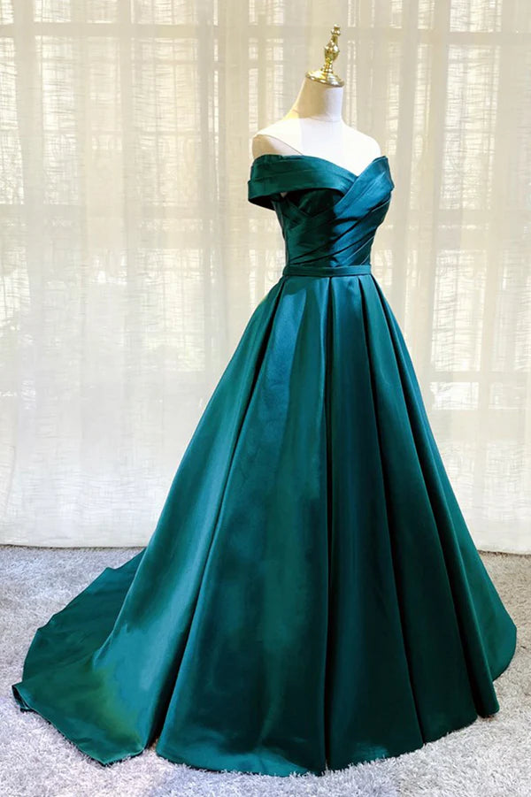 Wholesale Green Satin Long A-Line Prom Dress Simple Off the Shoulder Evening Dress